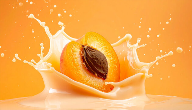 Abstrakte Studio-Makroaufnahme einer reifen Aprikosenh&auml;lfte, die in cremigen pastellorangenen Aprikosenjoghurt eintaucht, flie&szlig;ende Welle, monochrome apricotfarbene Farbpalette