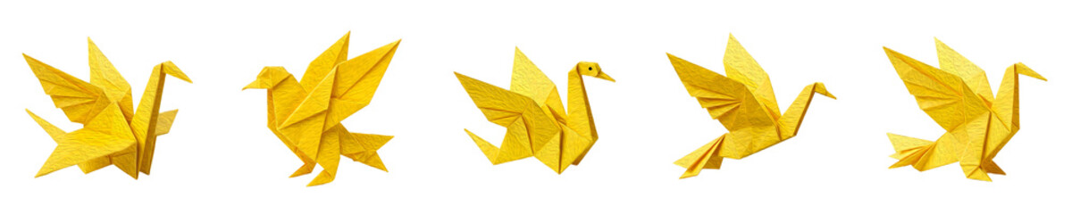 Fototapeta premium This image, image_.png, showcases five distinct yellow origami paper birds, capturing the intricate beauty and delicate art of traditional paper folding.