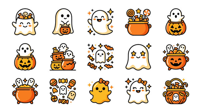 Cute ghosts and pumpkins celebrate hell in a festive Halloween scene with illustrations.