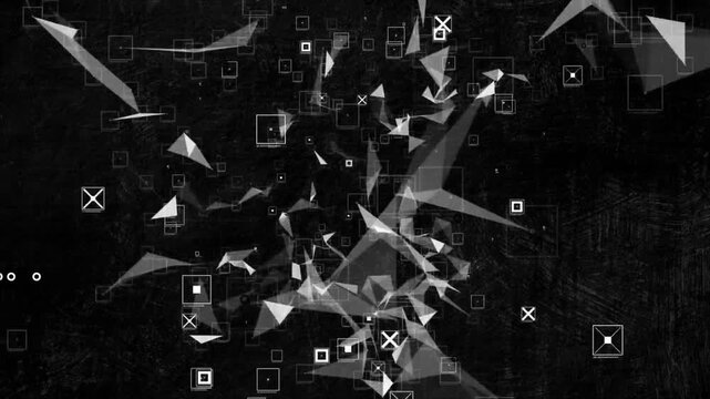 Black background with white geometric shapes and symbols in a futuristic design with arrows and squares