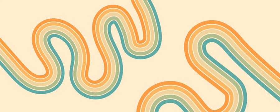 Abstract background of rainbow groovy Wavy Lines design in 1970s Hippie Retro style.
