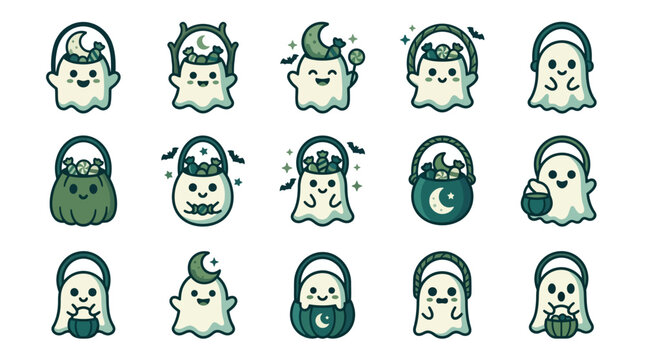 Set of cute ghost illustrations helloween 193 in various poses and accessories