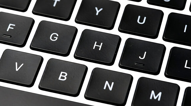 Close-up view of a modern black computer keyboard with white letters on the keys.