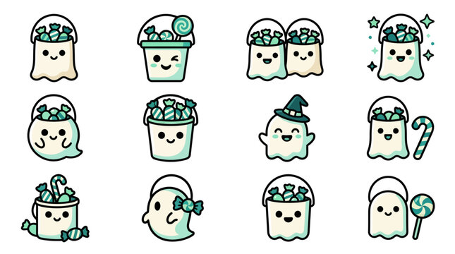Halloween ghosts in buckets filled with candy and sweets hell 198