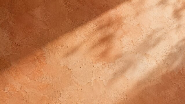 Textured orange terracotta wall background with warm sunlight and palm leaf shadow