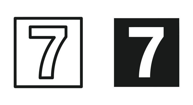 Set of two icons with the number seven, one with a thin outline and one solid black square with a white number seven inside, vector illustration