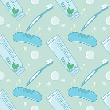 Seamless Bathroom Hygiene Pattern with Toothbrush, Toothpaste and Soap
