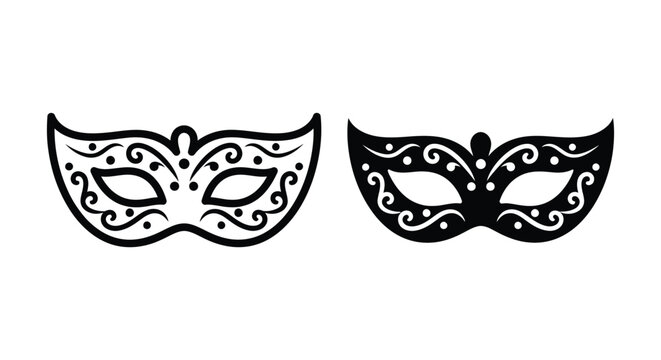 Set of two carnival masks, masquerade party accessories, black and white vector illustrations isolated on white background