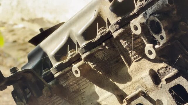 A neglected car engine sits forgotten and gathers dusty cobwebs. The lonely machine decays in a gritty backyard under bright sunlight.