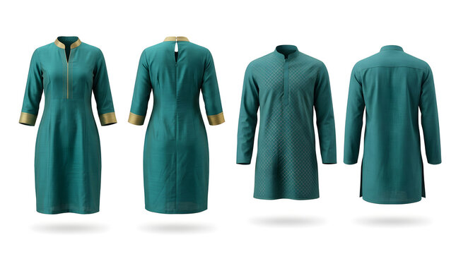 Teal traditional Indian kurta and kurti apparel mockup templates showing front and back views