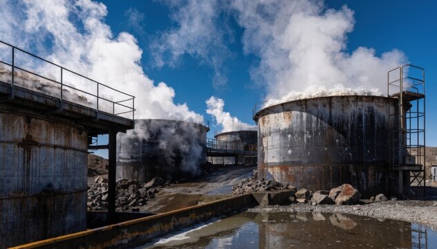 Industrial outdoor zinc roasting facility showing sulfur calcine leaching in massive tanks under clear skies with billowing steam.