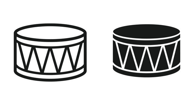 Set of two vector icons of a drum, musical instrument, percussion instrument, snare drum, marching drum, flat design style, simple graphic illustration