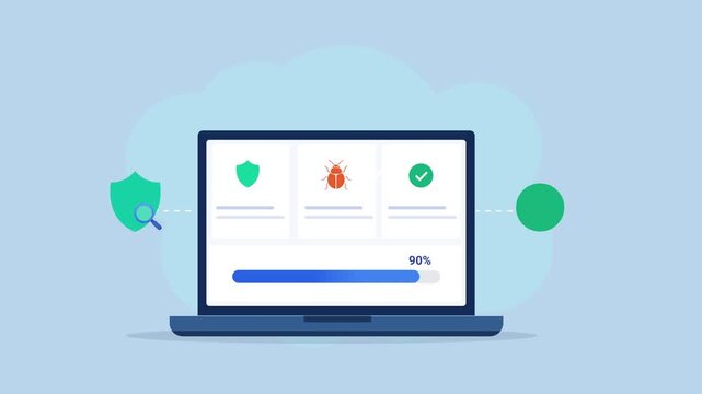 Animated flat vector illustration of a laptop displaying a cloud security dashboard with protection, malware detection, and verification icons. Modern cybersecurity, cloud protection, and secure techn