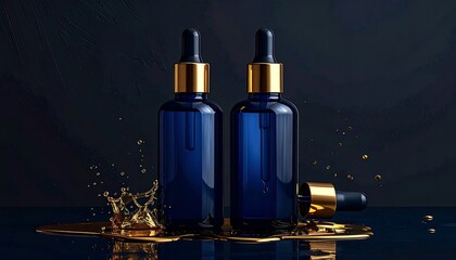 Naklejka premium Two blue serum bottles with gold accents sit on gold liquid