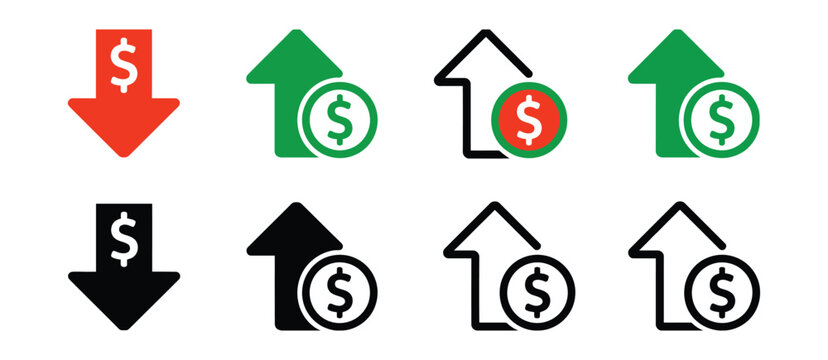 Profit Loss Finance Icon Vector Illustration Featuring Cost Increase and Decrease Symbols with Rising and Falling Dollar Signs for Business Analytics