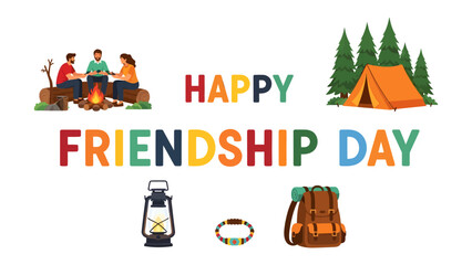 Fototapeta premium Happy Friendship Day Celebration: A vibrant illustration depicts friends enjoying a camping trip, gathered around a campfire with tents and trees in the background, celebrating the joy of friendship.