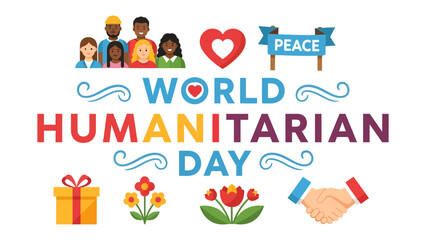 Fototapeta premium World Humanitarian Day Celebration: A vibrant graphic symbolizing World Humanitarian Day with diverse people, a heart, a peace sign, gifts, flowers, and a handshake, promoting unity and compassion.