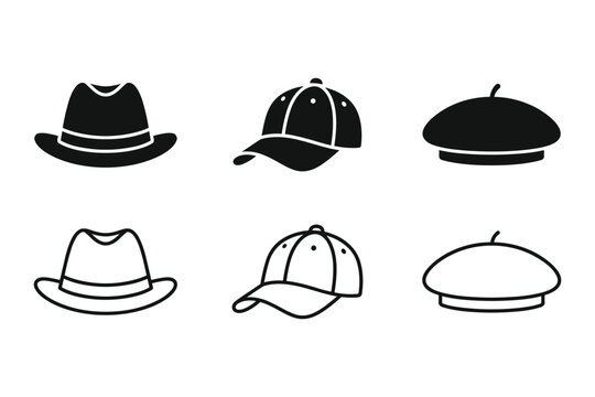 Collection of six simple hat icons including fedora, baseball cap, and beret