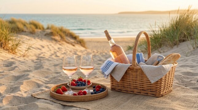 Romantic Beach Picnic with Rose Wine at Sunset | Rose Wine and Berry Picnic Basket on Sandy Beach
Concept: romantic seaside sunset picnic, premium coastal leisure, elegant outdoor wine still life