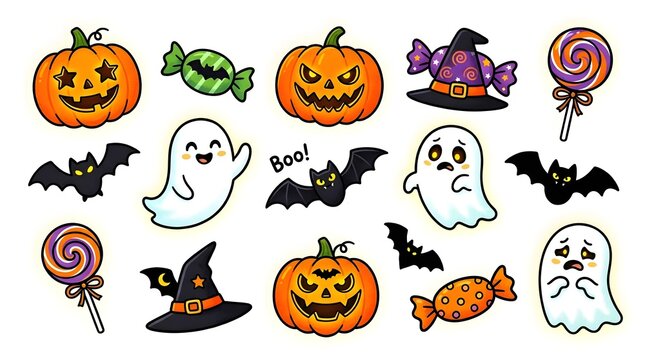 Halloween sticker pack cute ghost pumpkin bat candy vector graphics