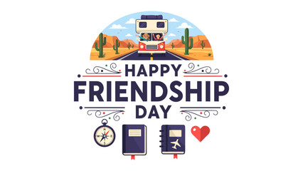 Fototapeta premium Friendship Day Road Trip Adventure: A vibrant illustration captures the spirit of friendship with a road trip theme, featuring an RV, desert landscape, and symbols of travel and connection.