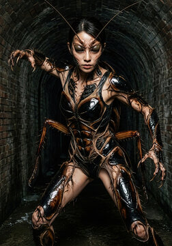 Terrified humanoid cockroach monster concept with Chitinous Armor