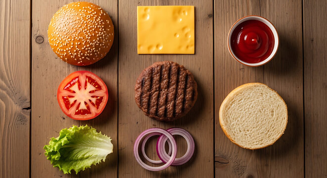 Burger Ingredients Laid Out Flat Lay on Wooden Table - Top View