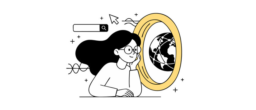 Global search concept vector illustration of young woman with glasses looking through portal at planet earth connected network for digital browsing technology, internet data, research and discovery.