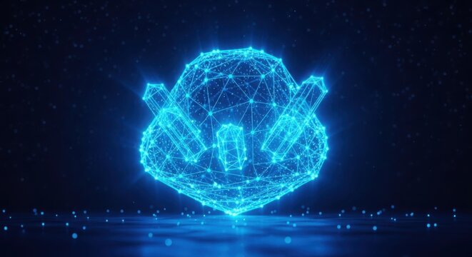 Glowing blue pixel art skull icon on a dark background illustration futuristic