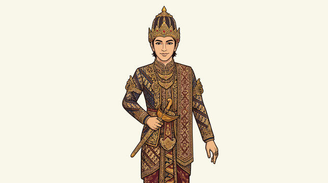 Person in traditional ornate clothing and headdress holding a sword.