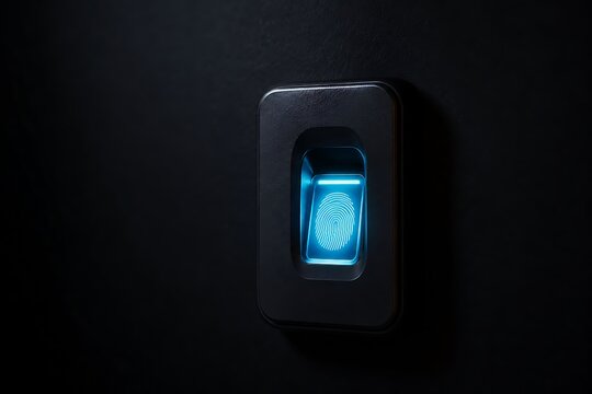 A close-up shot of a modern biometric fingerprint scanner with a glowing blue light on a dark background.