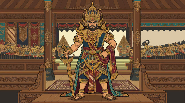 Regal figure in ornate attire stands in a grand hall.