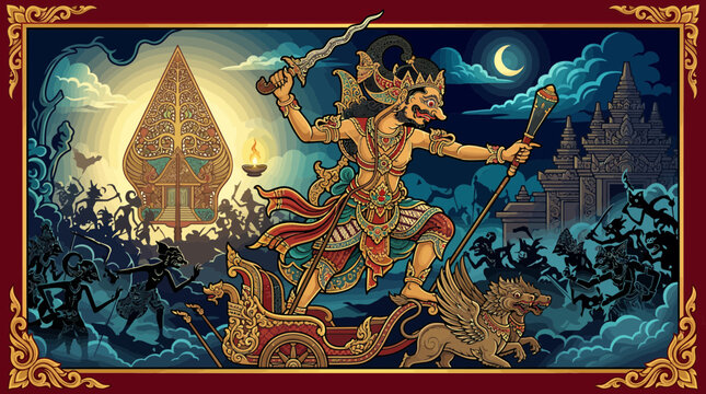 Mythical warrior in chariot with sword and shield under moonlit sky.