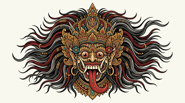 Ornate mask with wild hair and fierce expression on white background.