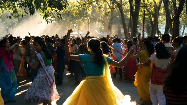 A joyous and bustling cultural celeb n featuring dancing crowds and dynamic shadows at an energetic outdoor event