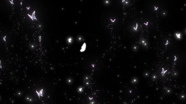 Glowing butterflies and sparkles flying in the dark night sky with stars and light trails creating a magical atmosphere