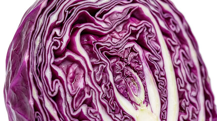 Obraz premium Close-up view of a freshly cut red cabbage revealing its intricate purple and white layered internal structure and texture.