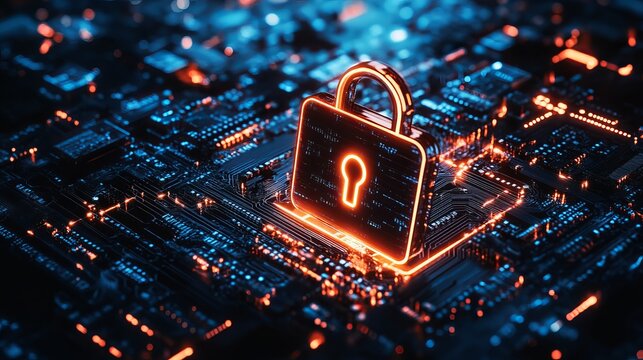 Glowing orange padlock icon representing digital security and data protection integrated into a complex high tech computer circuit board surface