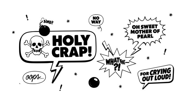 Speech Bubble Typography Set with Playful Profanity and Exclamation Icons for Humorous Retro Comic Design