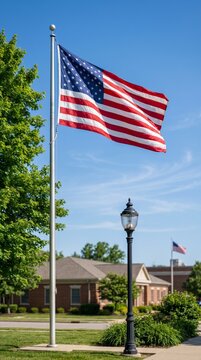 Vibrant American Flag Waving Proudly in Scenic Suburban