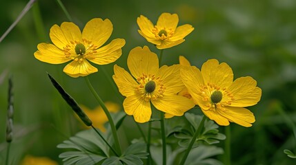 Fototapeta premium Vibrant Yellow Flowers in a Lush Green Meadow