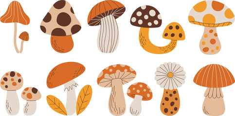 Whimsical boho mushrooms collection featuring diverse forest toadstool graphics and organic floral shapes in warm earthy orange and brown colors © Josna