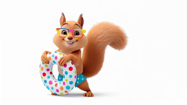 Funny cartoon squirrel with a swimming ring animation