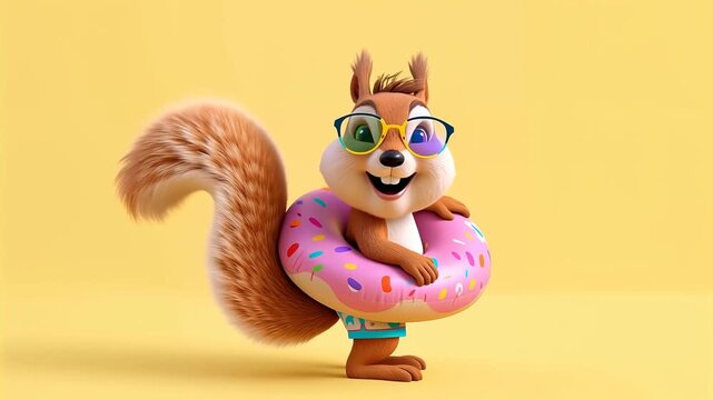 Funny cartoon squirrel with a swimming ring animation