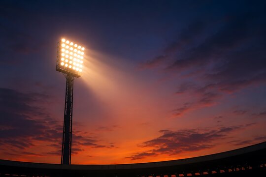 A powerful stadium floodlight illuminates the twilight sky with a dramatic beam of light, casting a warm glow against the deepening blues and oranges of the sunset.
