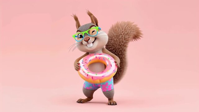 Funny cartoon squirrel with a swimming ring animation