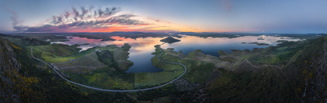 Sunrise Panorama Over Cerro Masatrigo and La Serena Reservoir, Extremadura, Spain