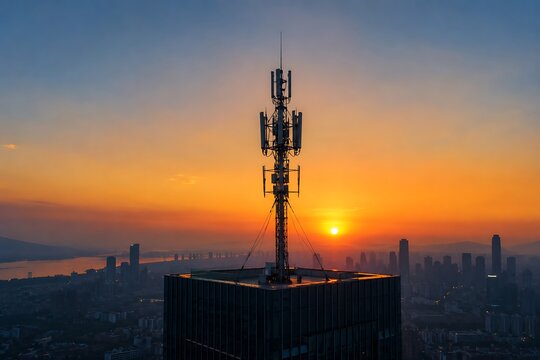 A tall telecommunications tower stands atop a skyscraper against a vibrant sunset sky, overlooking a city skyline.