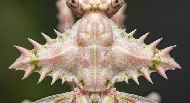 Extreme macro of spiny flower mantis pronotum showing textured cuticle and spikes