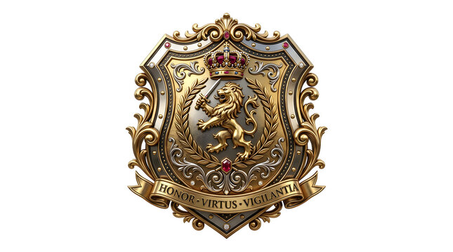 Golden crest emblem, luxury coat of arms, ornate shield, royal heraldry isolated PNG with Transparent Background